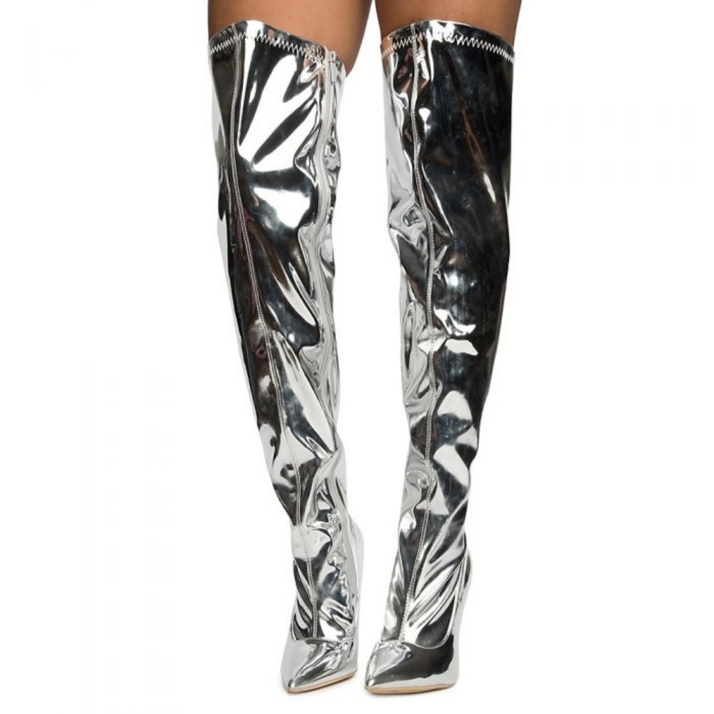 Silver Mirror Rockstar Thigh High Boots